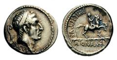 L. Marcius Philippus, 57 BC. Denarius (Silver, 18mm, 4.13 g 2), Rome. Head of Ancus Marcius to right, wearing diadem; behind, lituus ; below, ANCVS. Rev. PHILIPPVS / AQVA MAR Aqueduct, on which stands