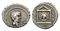 Mark Antony, Denarius (Silver, 18mm, 4.01 g 9), mint moving with Antony, 42 BC. M ANTONI - IMP Bare head of Mark Antony to right, with short beard. Rev. III VIR R P C Distyle temple; within, medallion