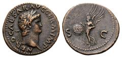 Nero, 54-68. As (Copper, 28mm, 11.87 g 6), Rome, c. 65. NERO CAESAR AVG GERM IMP Laureate head of Nero to right. Rev. S - C Victory, draped, flying left, holding shield inscribed S P Q R in both hands