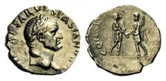 Vespasian, 69-79. Denarius (Silver, 19mm, 2.84 g 7), uncertain early military issue, Illyricum (?), c. 69-70. IMP CAESAR VESPASIANVS AVG Laureate head of Vespasian to righ. Rev. CONSEN[SVS EXERCIT] Tw