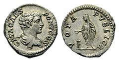 Geta, as Caesar, 198-209. Denarius (Silver, 18mm, 3.15 g 1), Rome, 203-208. GETA CAES PONT COS Bareheaded and draped bust of Geta to right. Rev. VOTA PVBLICA Geta, togate, standing left, sacrificing o