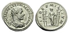 Macrinus, 217-218. Antoninianus (Silver, 23mm, 4.52 g 6), Rome. IMP C M OPEL SEV MACRINVS AVG Radiate, draped and cuirassed bust of Macrinus to right. Rev. FIDES MILITVM Fides standing facing, her hea