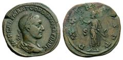 Gordian I, 238. Sestertius (Bronze, 32mm, 22.54 g 1), Rome. IMP CAES M ANT GORDIANVS AFR AVG Laureate, draped and cuirassed bust of Gordian I to right. Rev. P M TR P COS P P / S - C Gordian I, laureat