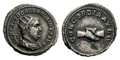 Balbinus, 238. Antoninianus (Silver, 22mm, 4.29 g 12), Rome. IMP CAES D CAEL BALBINVS AVG Radiate, draped and cuirassed bust of Balbinus to right. Rev. CONCORDIA AVGG Clasped right hands. BMC 67. Cohe