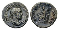 Pupienus, 238. Denarius (Silver, 19mm, 3.59 g 1), Rome. IMP C M CLOD PVPIENVS AVG Laureate, draped and cuirassed bust of Pupienus to right. Rev. CONCORDIA AVGG Concordia seated left on throne, holding