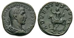 Philip I, 244-249. Sestertius (Bronze, 28mm, 17.69 g 12), Rome. IMP M IVL PHILIPPVS AVG Laureate, draped and cuirassed bust of Philip I to right. Rev. ADVENTVS AVGG / S C Philip I on horseback advanci