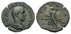 Herennius Etruscus, as Caesar, 249-251. Sestertius (Bronze, 30mm, 16.45 g 12), Rome, 250-251. Q HER ETR MES DECIVS NOB C Bare-headed, draped and cuirassed bust of Herennius Etruscus to right. Rev. PIE