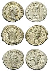 Philip I. Antoninianus (22 mm, 3.38 g, 1), Rome. RIC 44; Trebonianus Gallus. Antoninianus (22 mm, 4.39 g, 12), Antioch. RIC 92; Trebonianus Gallus.Antoninianus (21 mm, 4.32 g, 1), Antioch. RIC 93. All