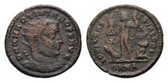 Martinian, usurper, 324. Follis (Bronze, 20mm, 2.47 g 6), Nicomedia. D N M MARTINIANO P F AVG Radiate, draped and cuirassed bust of Martinian to right. Rev. IOVI CONSERVATORI / X / IIΓ/ SMNA Jupiter s