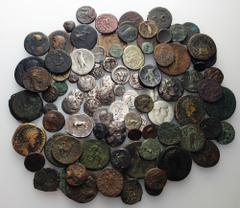 Lot of silver and bronze Greek, Roman, Byzantine coins including: 7 tetradrachms, 21 smaller silver and 66 bronzes. About fine to about very fine. LOT SOLD AS IS, NO RETURNS. 94 coins in lot. From a S