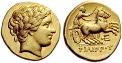 KINGS of MACEDON. Philip II, 359-336 BC. Stater (Gold, 18mm, 8.55 g 2), Amphipolis, struck during the reign of Philip III, 323/2 - 315. Laureate head of Apollo to right. Rev. ΦΙΛΙΠΠΟΥ Biga rushing to 