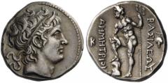KINGS of MACEDON. Demetrios I Poliorketes, 306-283 BC. Tetradrachm (Silver, 27.5mm, 17.27 g 12), Chalkis, struck circa 290-287. Diademed head of Demetrios to right, wearing bull’s horn above his foreh