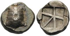 ISLANDS off ATTICA, Aegina. Circa 456/45-431 BC. Stater (Silver, 20mm, 12.30 g). Land tortoise with segmented shell; atop, countermark of human hand, with Σ to left; all within an oval indent. Rev. In