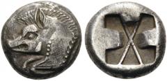 LYCIA, Uncertain. Circa 520-470/60 BC. Stater (Silver, 18mm, 9.32 g). Forepart of a boar to right. Rev. Incuse square divided by large X, indentations on two sides. Falghera 14-16. SNG Copenhagen Supp