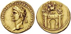 Nero Claudius Drusus, died 9 BC. Aureus (Gold, 19mm, 7.74 g 6), Rome, struck under Claudius, 41-42. NERO CLAVDIVS DRVSVS GERMANICVS IMP Laureate head of Drusus to left. Rev. Triumphal arch surmounted 