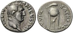 Vitellius, 69. Denarius (Silver, 18mm, 3.41 g 6), Rome. A VITELLIVS GERMANICVS IMP Bare head of Vitellius to right. Rev. XV VIR SACR FAC Tripod with covered vessel; below, raven standing right; above,