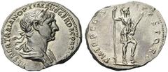 Trajan, 98-117. Denarius (Silver, 19mm, 3.35 g 7), Rome, 114-117. IMP CAES NER TRAIAN OPTIM AVG GER DAC PARTHICO Laureate and draped bust of Trajan to right. Rev. P M TR P COS VI P P S P Q R Helmeted 