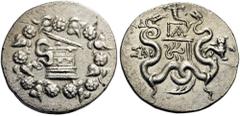LYDIA, Sardes. 110 BC. Cistophoric Tetradrachm (Silver, 27mm, 12.27 g 1). Basket (cista mystica) from which snake coils; around, ivy wreath with fruits. Rev. Two snakes coiled around a bow case; above