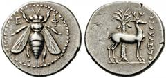 IONIA, Ephesos. Circa 202-150 BC. Drachm (Silver, 19mm, 4.22 g 12), Herakleitos. Ε - Φ Bee with straight open wings. Rev. ΗΡΑΚΛΕΙΤΟΣ Stag standing right; behind, palm tree. BMC -. SNG Copenhagen -. SN