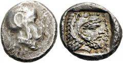 LYCIA, Telmessos. Period of Ddenevele or Erbbina, c. 410/400 BC. Stater (Silver, 18mm, 8.39 g 2). Head of Athena to right, wearing Attic helmet. Rev. flWIFIPTPI Head of bearded Herakles to right, wear