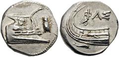 LYCIA, Phaselis. 4th century BC. Stater (Silver, 22mm, 10.32 g 6). Prow of galley right, fighting platform decorated with facing gorgoneion; to right, cicada upward. Rev. Stern of galley left; ΦAΣ abo