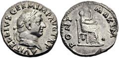 Vitellius, 69. Denarius (Silver, 19mm, 3.22 g 6), Rome. A VITELLIVS GERM IMP AVG TR P Laureate head of Vitellius to right. Rev. PONT MAXIM Vesta seated to right, holding patera in her right hand and s