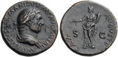 Vitellius, 69. Sestertius (Orichalcum, 33mm, 26.34 g 6), Rome. A VITELLIVS GERMANICVS IMP AVG P M TR P Laureate and draped bust of Vitellius to right. Rev. PAX AVGVSTI / S - C Pax standing left, holdi