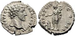 Marcus Aurelius, as Caesar, 139-161. Denarius (Silver, 18mm, 3.38 g 12), Rome, 153-154. AVRELIVS CAESAR AVG PII F Bare head of Aurelius to right. Rev. TR POT VIII COS II Genius Exercitus standing left