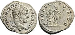 Caracalla, 198-217. Denarius (Silver, 19mm, 3.22 g 12), Rome, 213. ANTONINVS PIVS AVG BRIT Laureate head of Caracalla to right. Rev. PROFECTIO AVG Caracalla standing to right in military dress, holdin