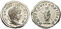 Caracalla, 198-217. Denarius (Silver, 19mm, 3.07 g 1), Rome, 214. ANTONINVS PIVS AVG GERM Laureate head of Caracalla to right. Rev. P M TR P XVII COS IIII P P Caracalla standing left, holding branch i