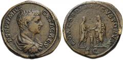 Geta, as Caesar, 198-209. Sestertius (Orichalcum, 33mm, 28.12 g 7), Rome, 203-208. P SEPTIMIVS GETA CAES Bare-headed and draped bust of Geta to right. Rev. CONCORDIA AVGVSTORVM / S C Caracalla and Get