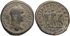 Geta, 209-212. Sestertius (Orichalcum, 34mm, 24.31 g 1), Rome, 210. IMP CAES P SEPT GETA PIVS AVG Laureate head of Geta to right, with traces of drapery on his left shoulder. Rev. PONTIF TR P II COS I