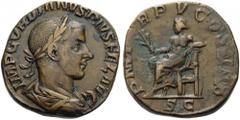Gordian III, 238-244. Sestertius (Orichalcum, 29mm, 20.80 g 0), Rome, 243. IMP GORDIANVS PIVS FEL AVG Laureate, draped and cuirassed bust of Gordian to right. Rev. P M TR P V COS II P P Apollo seated 