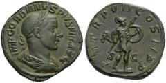 Gordian III, 238-244. Sestertius (Orichalcum, 31mm, 17.35 g 1), Rome, 244. IMP GORDIANVS PIVS FEL AVG Laureate, draped and cuirassed bust of Gordian to right. Rev. P M TR P VII COS II P P Mars walking