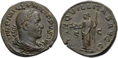 Philip I, 244-249. Sestertius (Bronze, 28mm, 17.84 g 12), Rome, 247. IMP M IVL PHILIPPVS AVG Laureate, draped and cuirassed bust of Philip to right. Rev. TRANQVILLITAS AVGG / S - C Tranquillitas stand