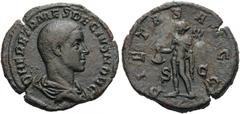 Herennius Etruscus, as Caesar, 249-251. Sestertius (Bronze, 30mm, 16.45 g 12), Rome, 250-251. Q HER ETR MES DECIVS NOB C Bare-headed, draped and cuirassed bust of Etruscus to right. Rev. PIETAS AVGG /