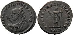 Maximianus, first reign, 286-305. Antoninianus (Bronze, 23mm, 3.34 g 1), Rome, 285-286. IMP MAXIMIANVS P F AVG Radiate head of Maximian to left, seen from behind, wearing aegis and holding spear. Rev.