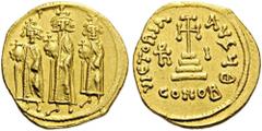 Heraclius, with Heraclius Constantine and Heraclonas, 610-641. Solidus (Gold, 20mm, 4.43 g 6), Constantinople, Year 10 = 636/7. Heraclonas, wearing cap with cross above, and Heraclius and Heraclius, b