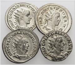 ROMAN. Imperial. A lot containing 4 silver coins. Gordian III. Antoninianus (23 mm, 4.49 g, 1), Rome. RIC 88; Philip II. Antoninianus (24 mm, 4.50 g, 6), Rome. RIC 231c; Valerian I. Antoninianus (23 m