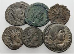 ROMAN. Imperial. A lot containing 6 bronze coins. Includes: Claudius Gothicus. Antoninianus (21 mm, 3.27 g, 6), Rome. RIC 66. RIC temp 242; Quintillus. Antoninianus (21 mm, 2.81 g, 6), Rome. RIC 35. R