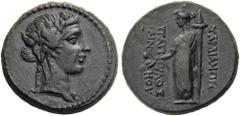 LYDIA, Sardes. after 133 BC. Bronze (21mm, 7.07 g 12), magistrate Papylos Aineou. Head of Dionysos to right, wearing ivy-wreath. Rev. ΣAPΔIANΩN - ΠAΠYΛOΣ - AINIOY Demeter standing to left, holding lon