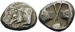 LYCIA. Uncertain dynasts, c. 520-470/60 BC. Stater (Silver, 20mm, 9.37 g). Forepart of boar to right. Rev. Incuse square divided by large X, indentations on two sides. SNG Copenhagen Supp. 370. Falghe