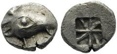 Uncertain Greek, Lycia (?). Circa 500 BC. Obol (Silver, 9mm, 1.09 g). Head of a boar with a huge eye to left. Rev. Incuse square divided into eight compartments. Apparently unknown and unpublished . C