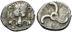 DYNASTS of LYCIA. Trbbenimi, circa 390-370 BC. 1/3 Stater (Silver, 15mm, 2.63 g). Facing lion’s skalp. Rev. Triskeles; dynast’s name in Lycian around. SNG von Aulock 4218. Some flatness, otherwise , v