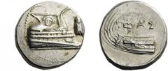 LYCIA, Phaselis. 4th century BC. Stater (Silver, 22mm, 10.41 g 11). Prow of galley right, fighting platform decorated with facing gorgoneion; to right, cicada upward. Rev. Stern of galley left; ΦAΣ ab