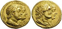 PTOLEMAIC KINGS of EGYPT. Ptolemy II Philadelphos, with Arsinöe II, Ptolemy I, and Berenike I, 285-246 BC. Mnaeion or Octodrachm (Gold, 26mm, 27.67 g 11), Alexandria, after 265. ΑΔΕΛΦΩΝ Diademed jugat