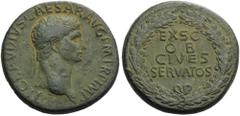 Claudius, 41-54. Sestertius (Orichalcum, 33mm, 28.24 g 6), Rome, 41-50. TI CLAVDIVS CAESAR AVG P M TR P IMP Laureate head of Claudius to right. Rev. EX S C / OB / CIVES / SERVATOS in four lines within