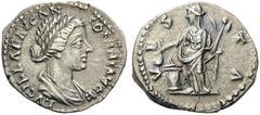 Lucilla, Augusta, 164-182. Denarius (Silver, 19mm, 3.18 g 6), Rome, struck under Marcus Aurelius and Lucius Verus, 161-162. LVCILLAE AVG ANTONINI AVG F Draped bust of Lucilla to right. Rev. VESTA Vest