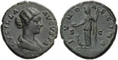 Lucilla, Augusta, 164-182. As (Copper, 25mm, 10.14 g 12), Rome, struck under Marcus Aurelius, 164. LVCILLA AVGVSTA Draped bust of Lucilla to right. Rev. IVNO REGINA / S - C Juno, veiled, standingleft,