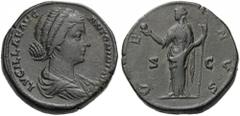 Lucilla, Augusta, 164-182. Sestertius (Orichalcum, 31mm, 25.17 g 6), Rome, struck under Marcus Aurelius and Lucius Verus, circa 164-167. LVCILLAE AVG ANTONINI AVG F Draped bust of Lucilla to right. Re